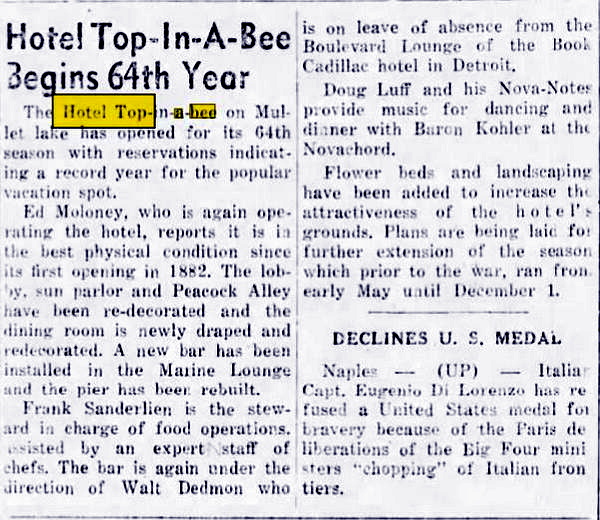 Hotel Top-In-A-Bee - July 1946 Article